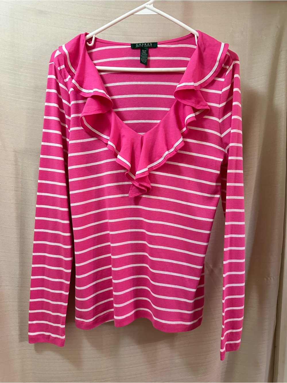 Lauren Ralph Lauren Pink White Stripe Ruffle Neck Long Sleeve Top Medium